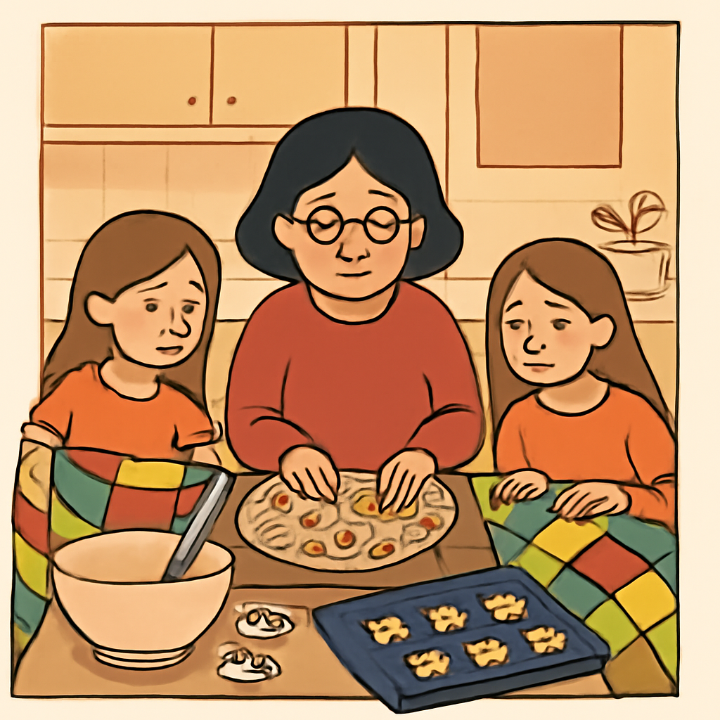 AIQuizzle meme image: A grandmother with black hair with 11 year old girls making cookies and blankets (Meme) — Cartoon style