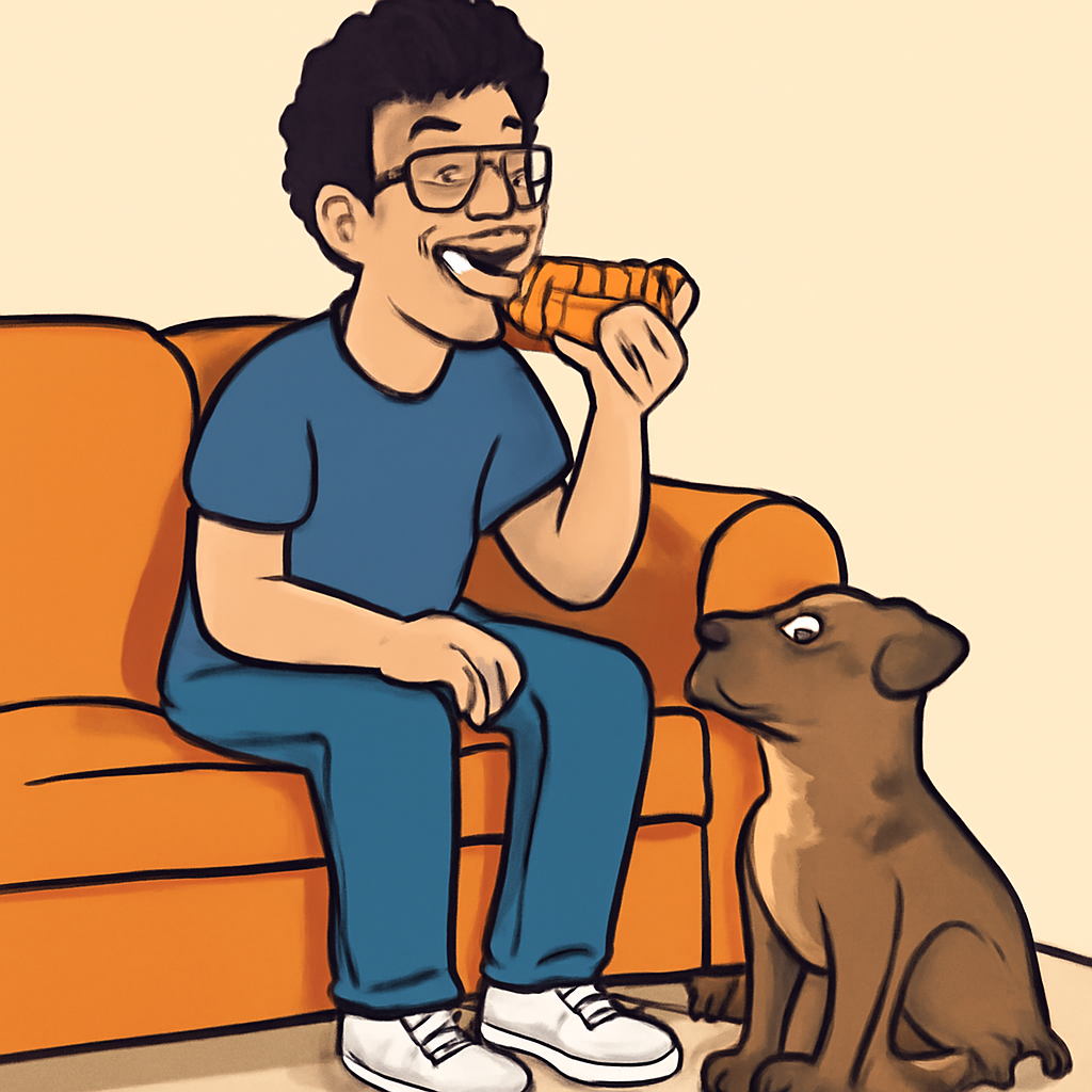 AIQuizzle meme image: A white man with curly black hair with a smile and glasses sitting on a couch e… (Meme) — Cartoon style