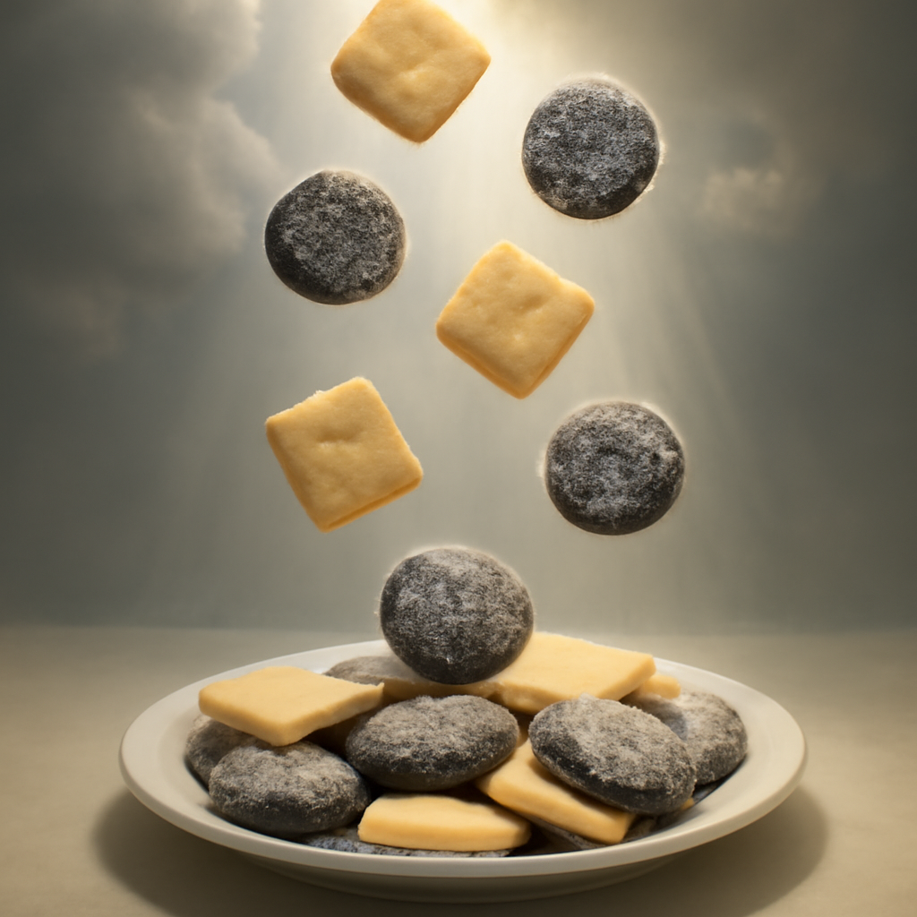 AIQuizzle meme image: Square yellowish cookies and circle black cookies with white powder that are on… (Meme) — Photoreal style