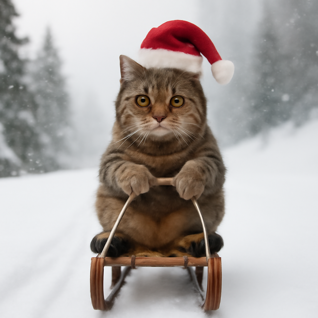 AIQuizzle meme image: A cat with a Santa hat riding a sleigh (Meme) — Photoreal style