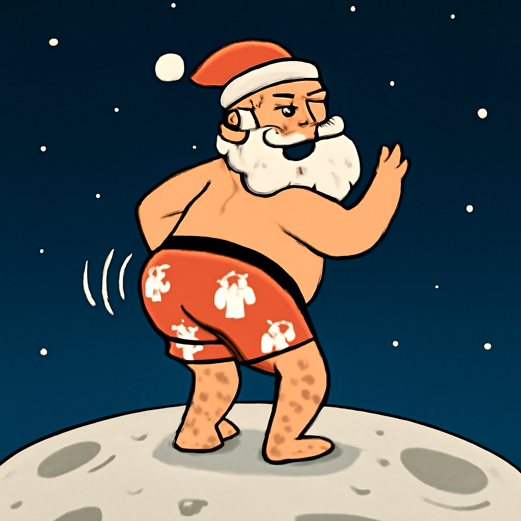 AIQuizzle meme image: Santa shaking his but on the moon in a bathing suit (Meme) — Cartoon style