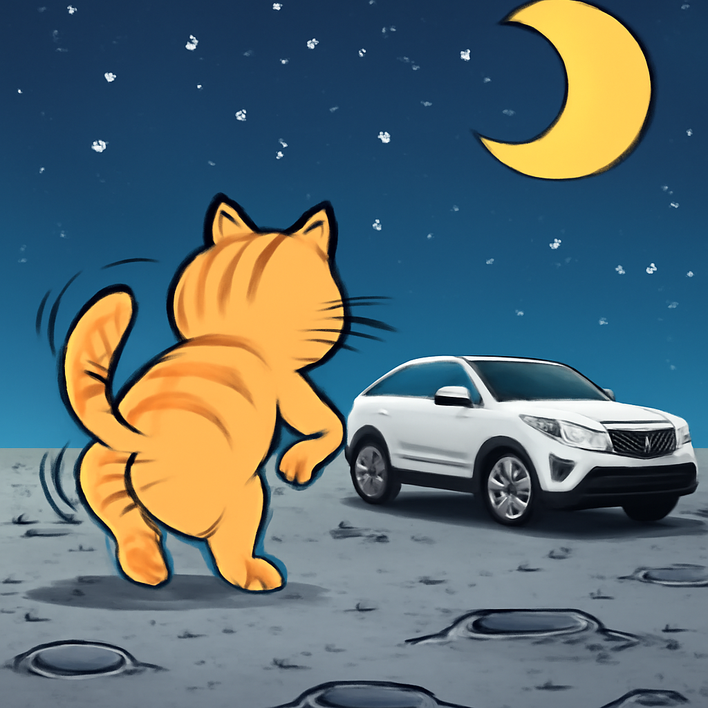 AIQuizzle meme image: Cat shaking its ass on the moon,make the car look real and everything else look… (Meme) — Cartoon style