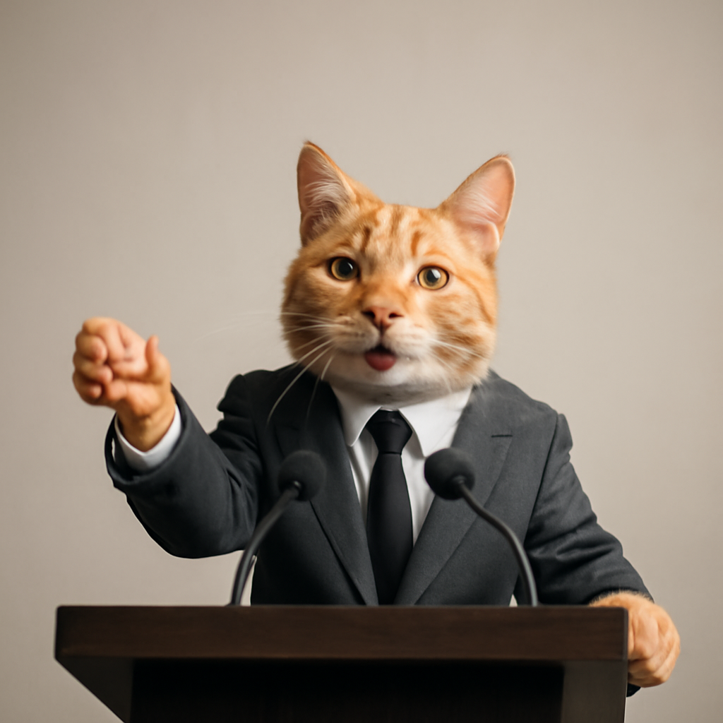 AIQuizzle meme image: A cat ceo giving a motivational speech (Meme) — Photoreal style