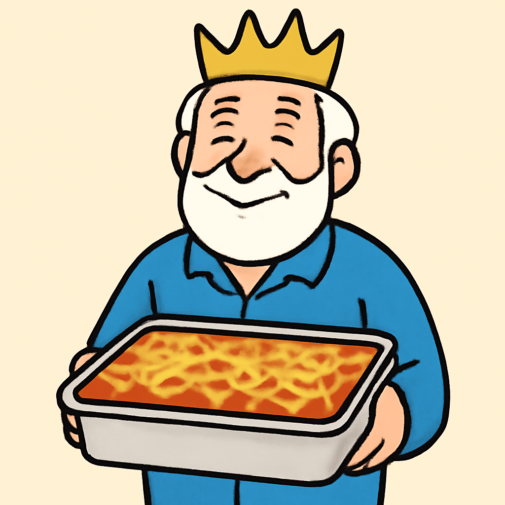 AIQuizzle meme image: A white grandpa with white hair in an all blue jump suit with a crown on his he… (Meme) — Cartoon style