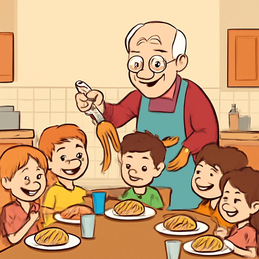 AIQuizzle meme image: One grandfather serving spaghetti to 2 girls and 3 boys (Meme) — Cartoon style