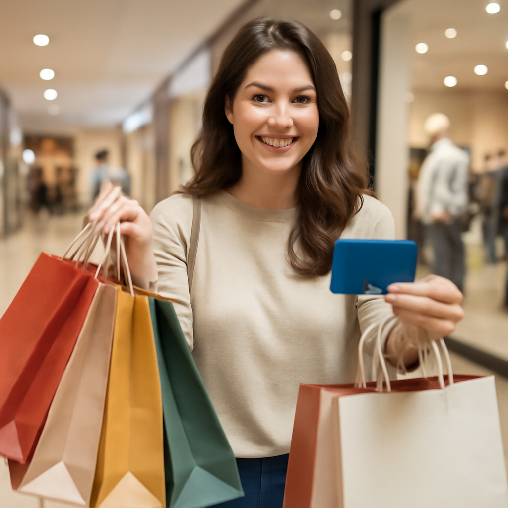 AIQuizzle meme image: my wife shopping buying a bunch of bags of stuff using my credit card (Meme) — Photoreal style