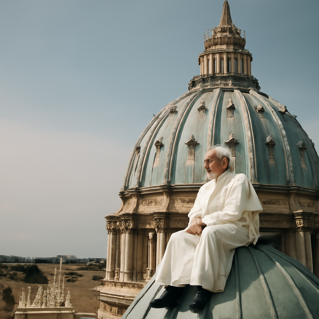 The pope sitting on the top of the vatican (Meme) — Photoreal style