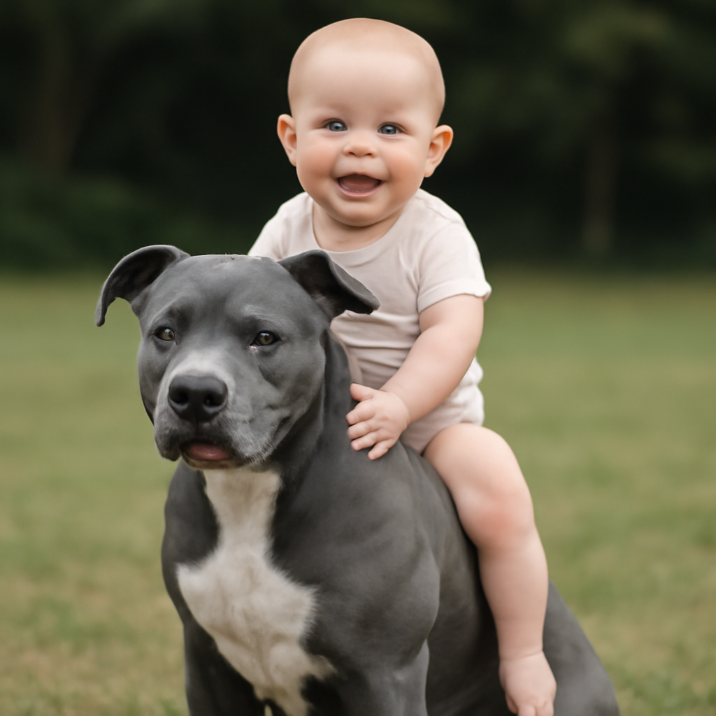 a baby riding on the back of a blue nose pitbull like its a horse (Meme) — Photoreal style