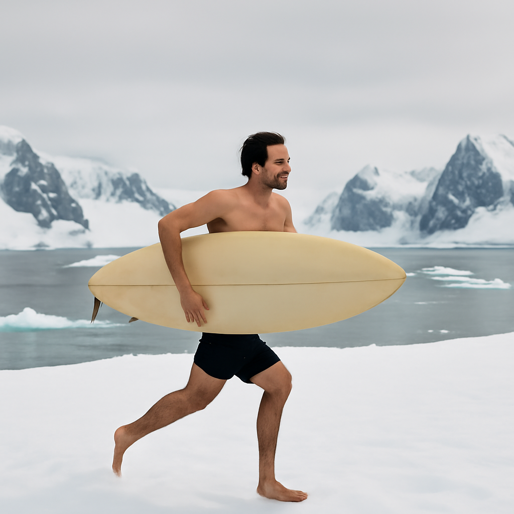 a man running with his surfboard in antarctica (Meme) — Photoreal style