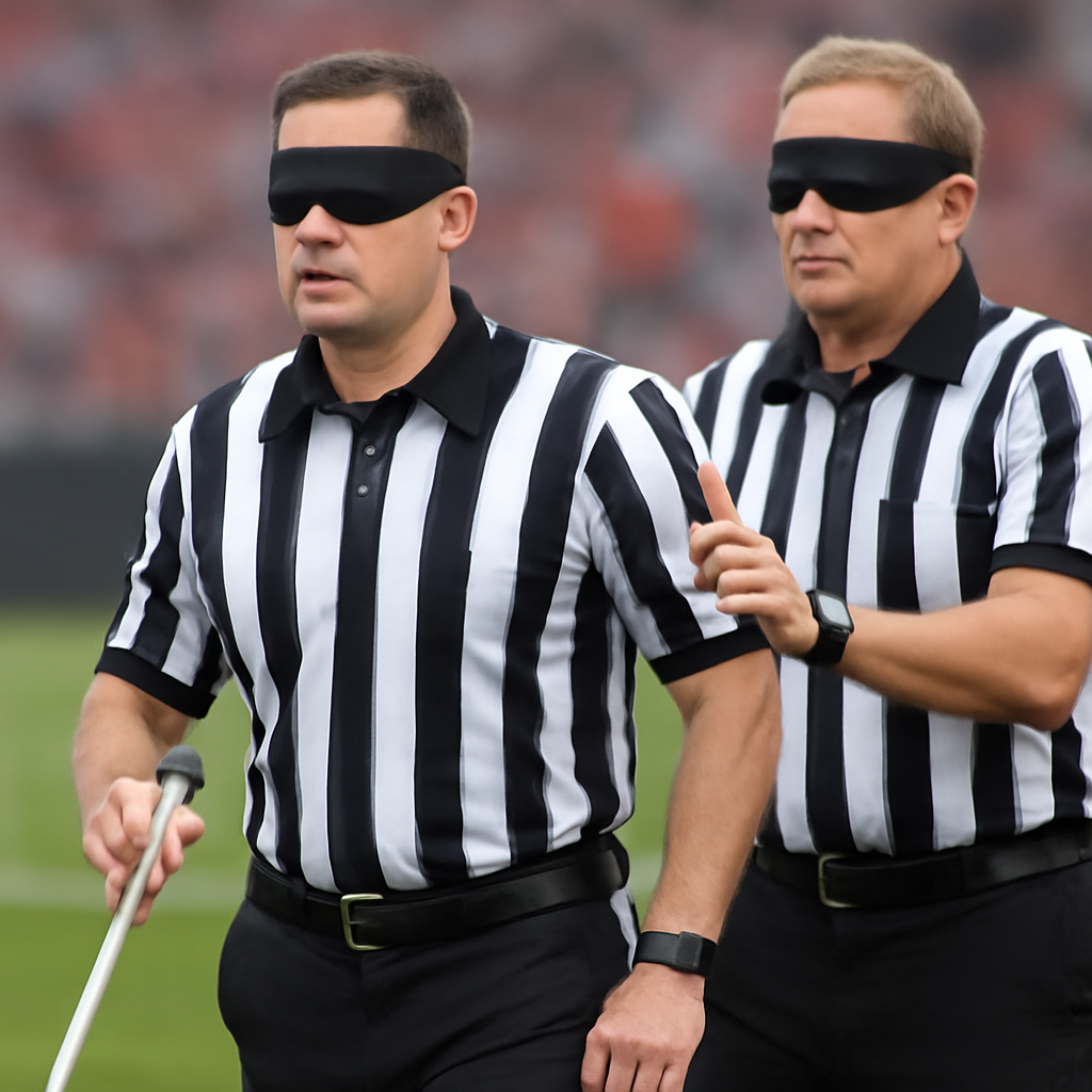 a blind ref leading another blind referee (Meme) — Photoreal style