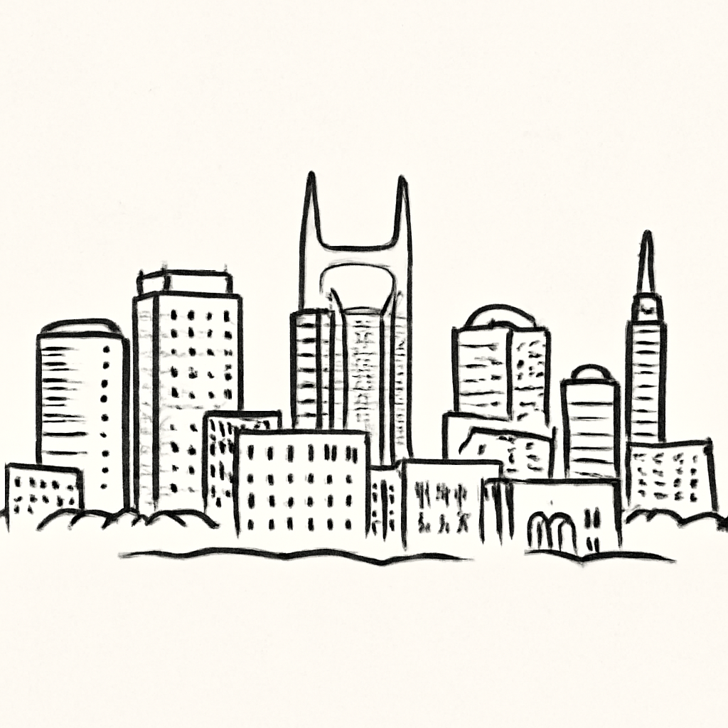 skyline of nashville (Meme) — Simple doodle line art, wobbly outlines, minimal shading style