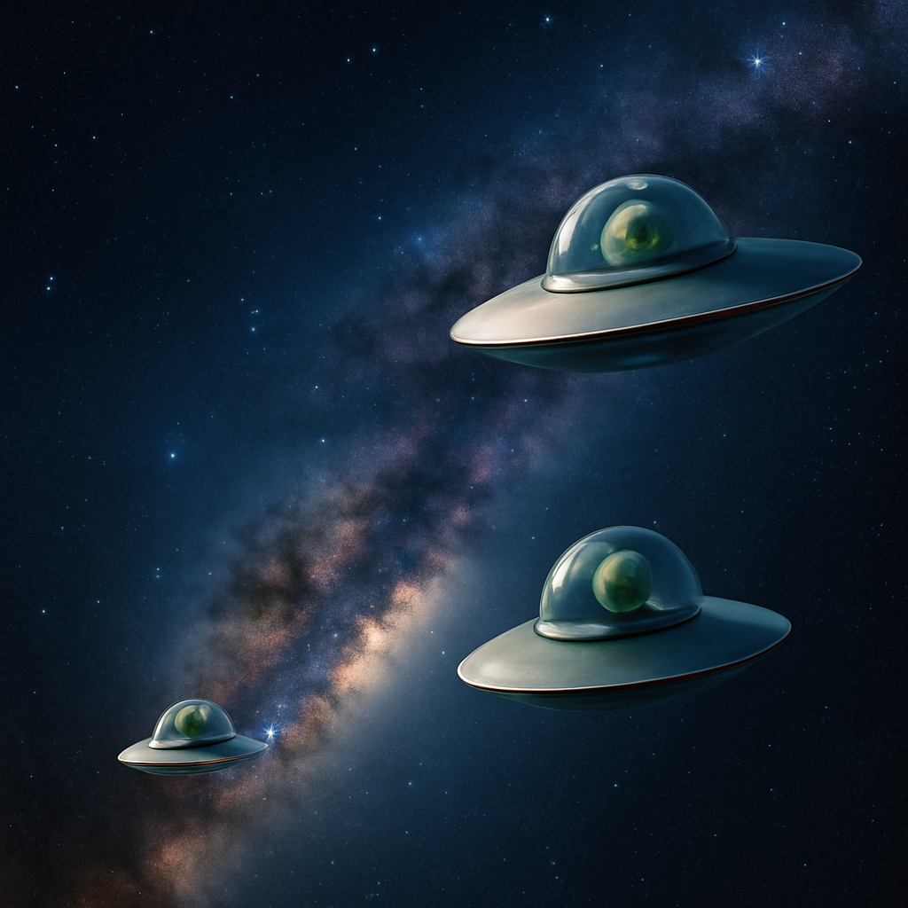 Milked way galaxy with aliens flying in it (Meme) — Photoreal style