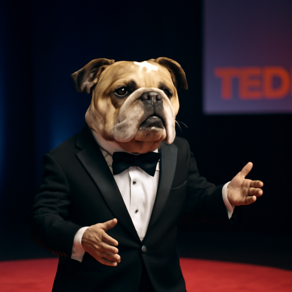 a bulldog in a tuxedo giving a TED talk (Meme) — Photoreal style