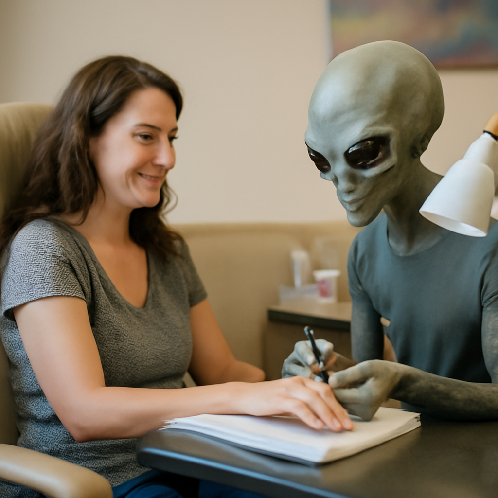 A mom getting her nails done by an alien (Meme) — Photoreal style