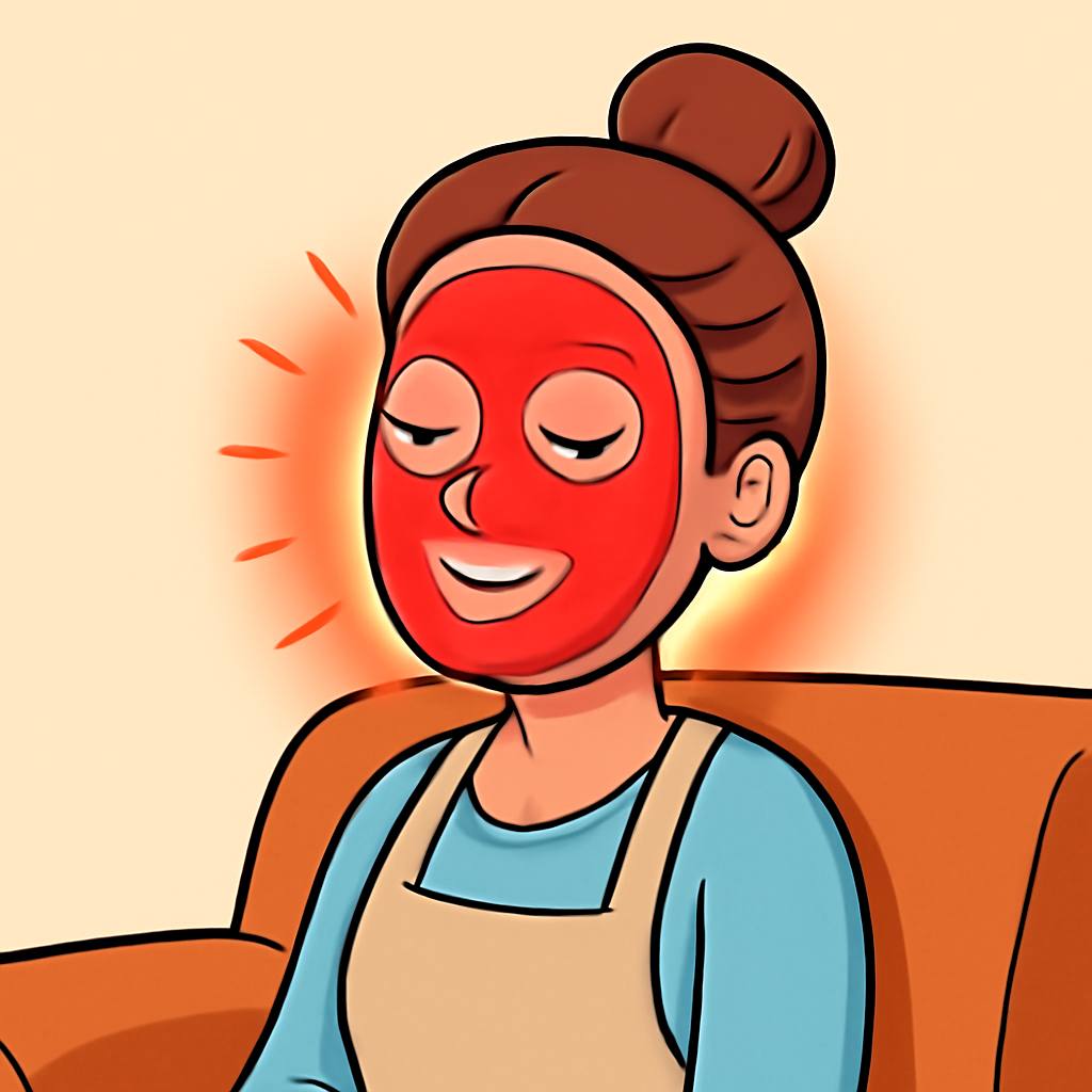 A mom with a face glowing from using red mask laser treatment (Meme) — Cartoon style
