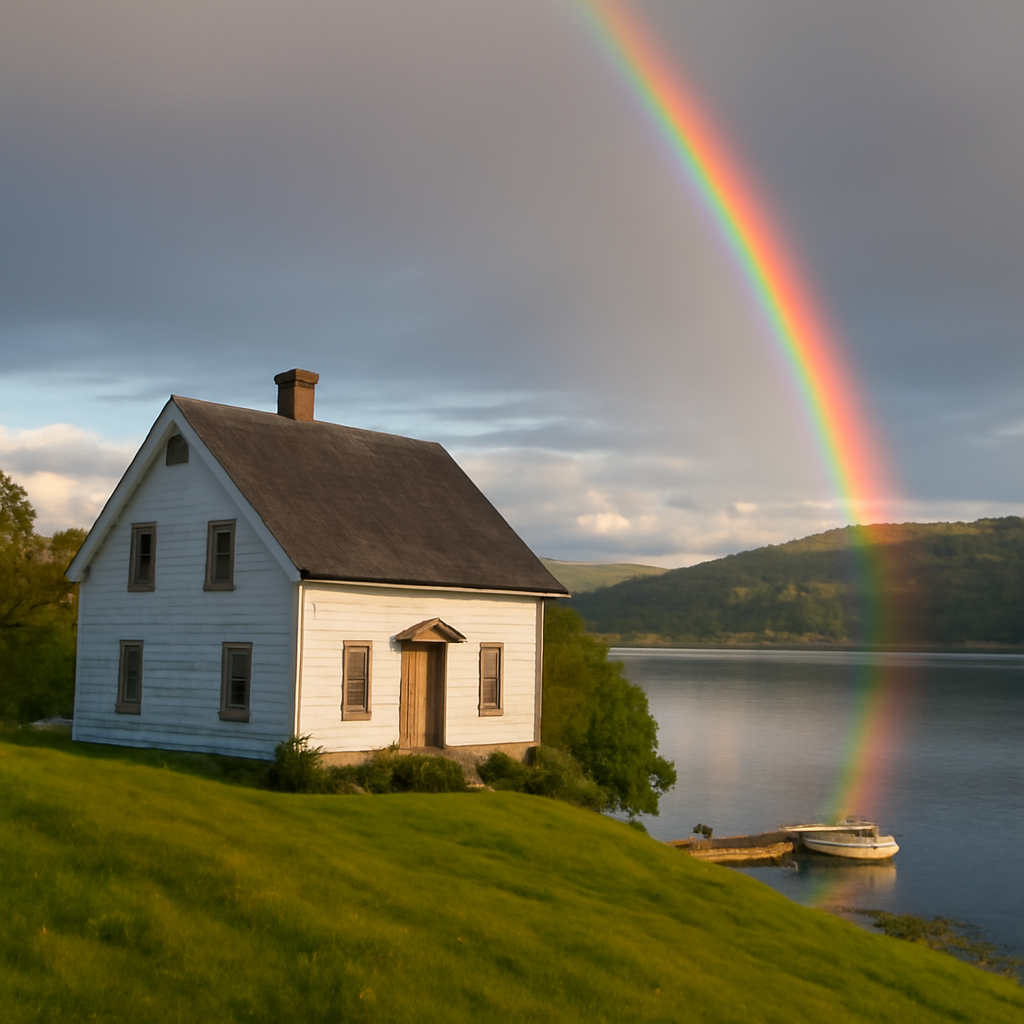 Traditional house on a hill overlooking an amazing lake with a boat and dock an… (Meme) — Photoreal style