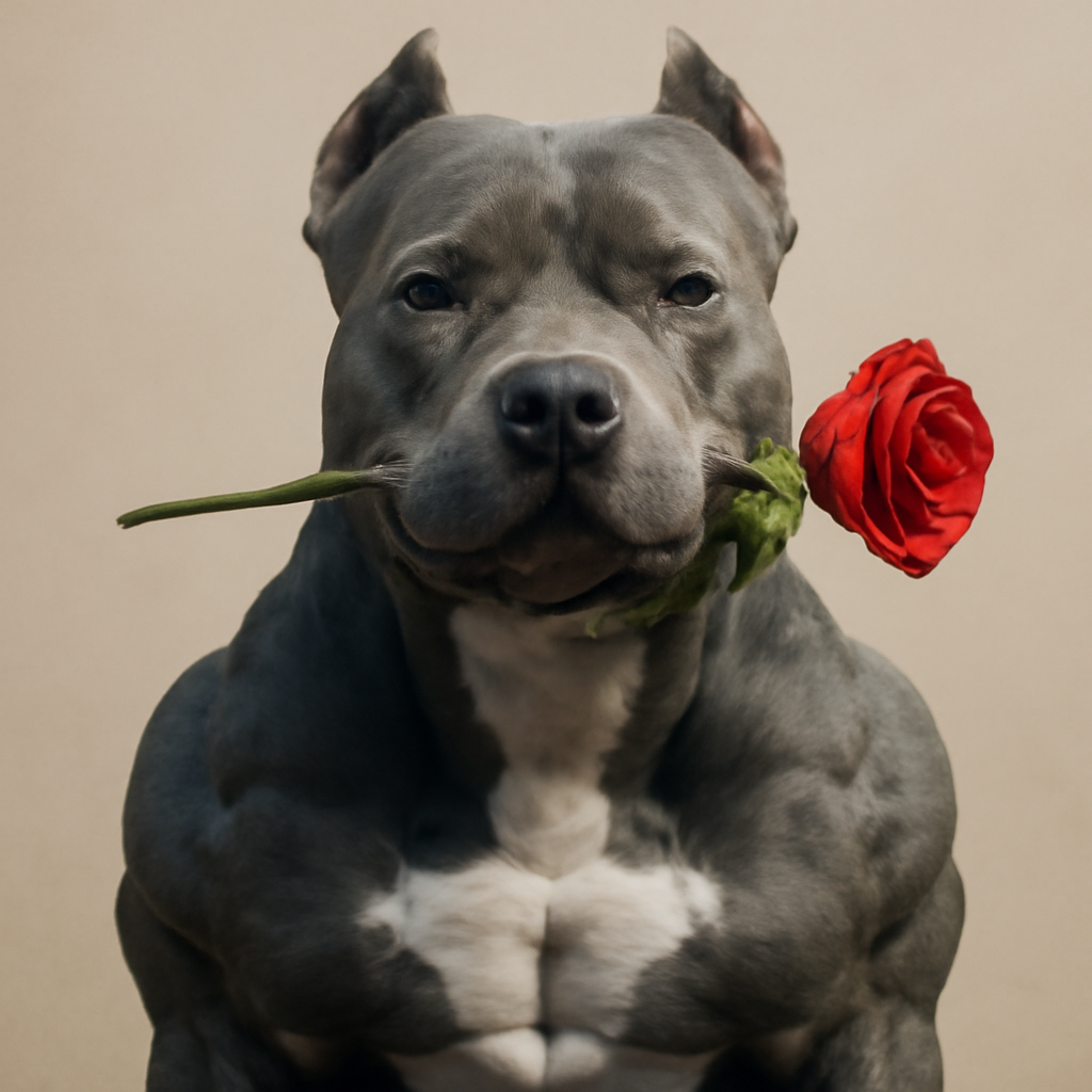 Show an extremely strong blue pit bull with a rose in its mouth (Meme) — Photoreal style
