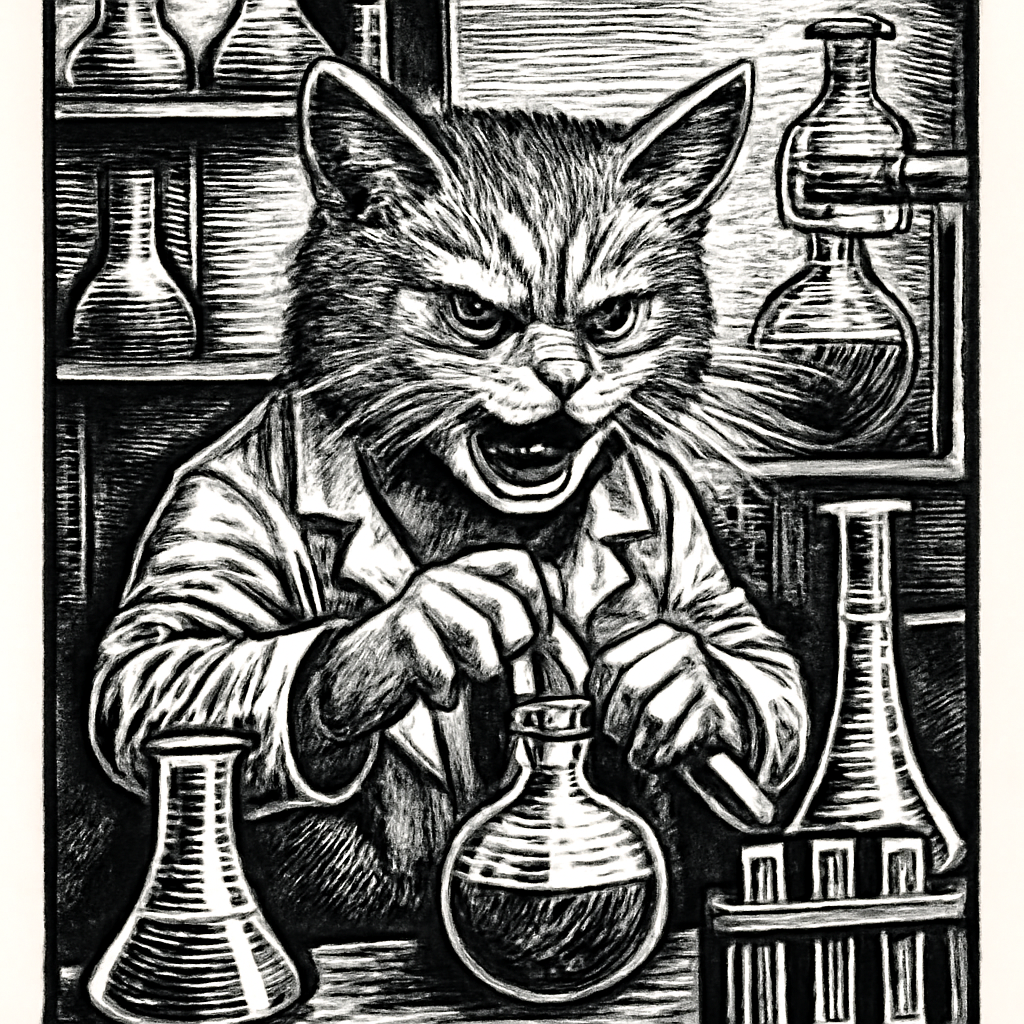 an angry cat doing chemistry in a lab meme (Meme) — Inkwork style