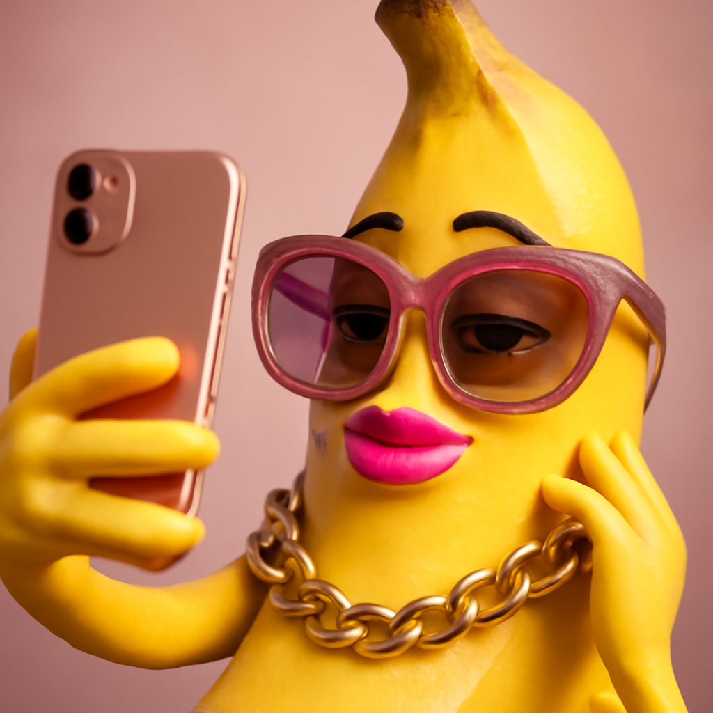 a 3D glam selfie of a banana influencer (Meme) — 3DGlam style