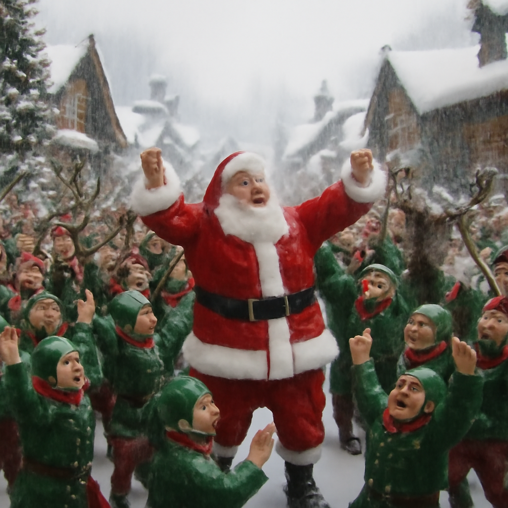 the northpole with snow all over, small town, lots of elves, raindeer, santa dr… (Meme) — Photoreal style