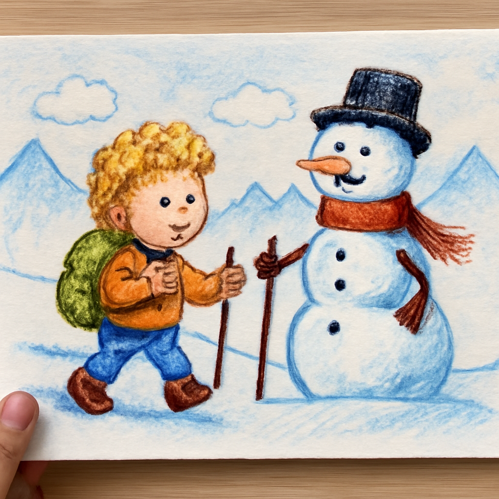 Curly blonde 4 year old hiking snowman art on paper (Meme) — Photoreal style