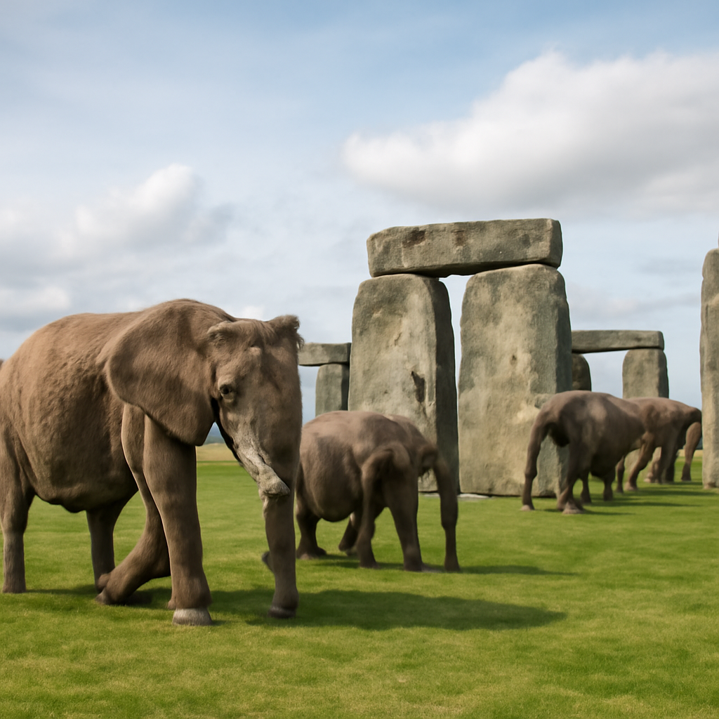 Elephants walking around Stonehenge (Meme) — Photoreal style