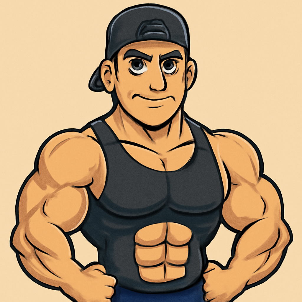 Muscular white dude with brown hair brown eyes, backward hat with jacked muscles (Meme) — Cartoon style