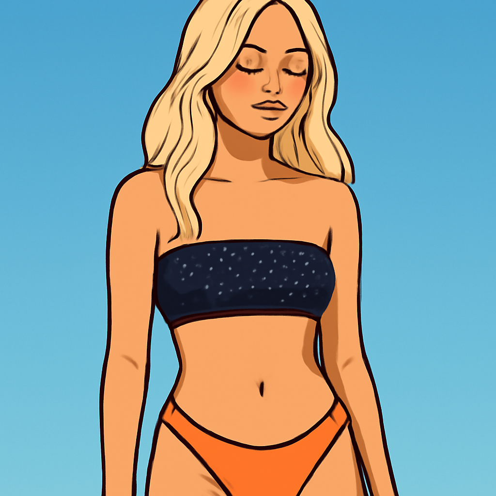 Blonde bikini with bright orange bottoms and jet black tube top bathing suit to… (Meme) — Cartoon style
