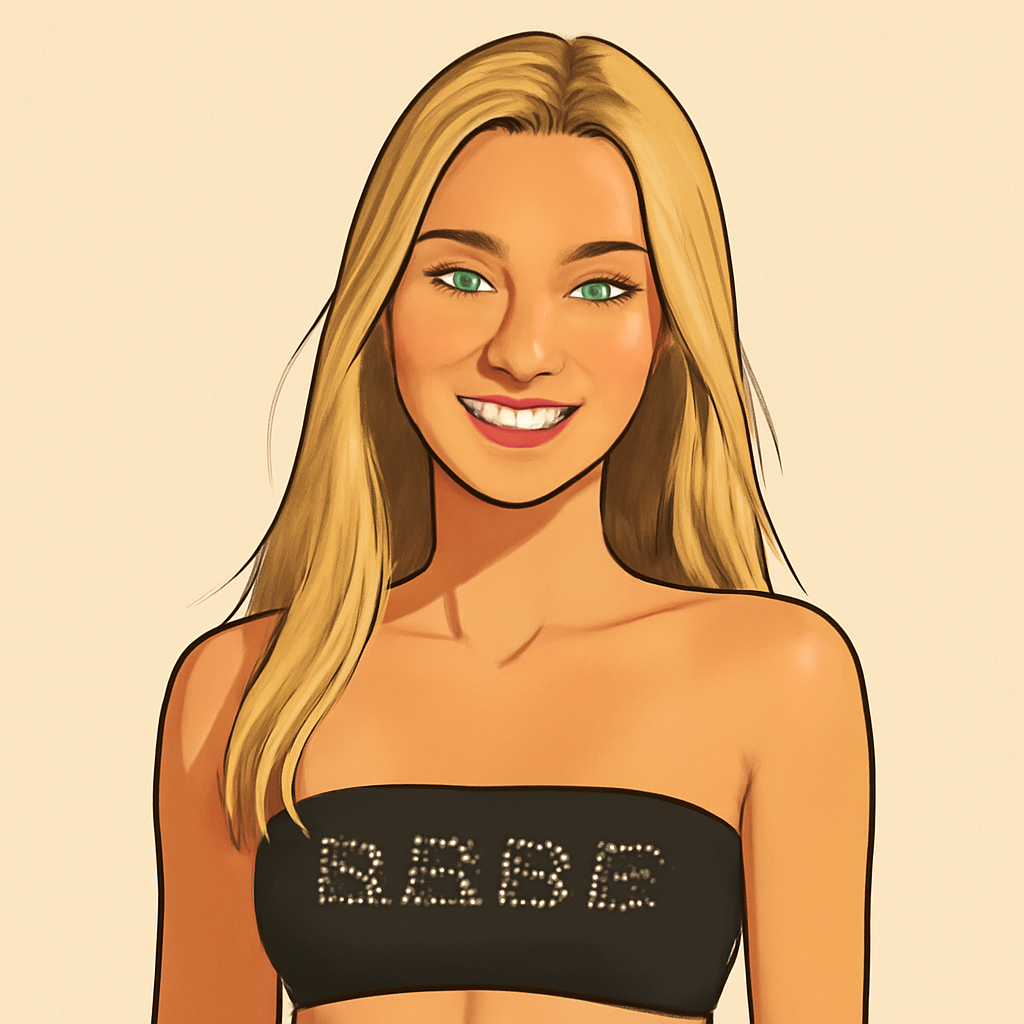 Black tube top bikini top with the word BEBE in rhinestones long blonde hair su… (Meme) — Cartoon style