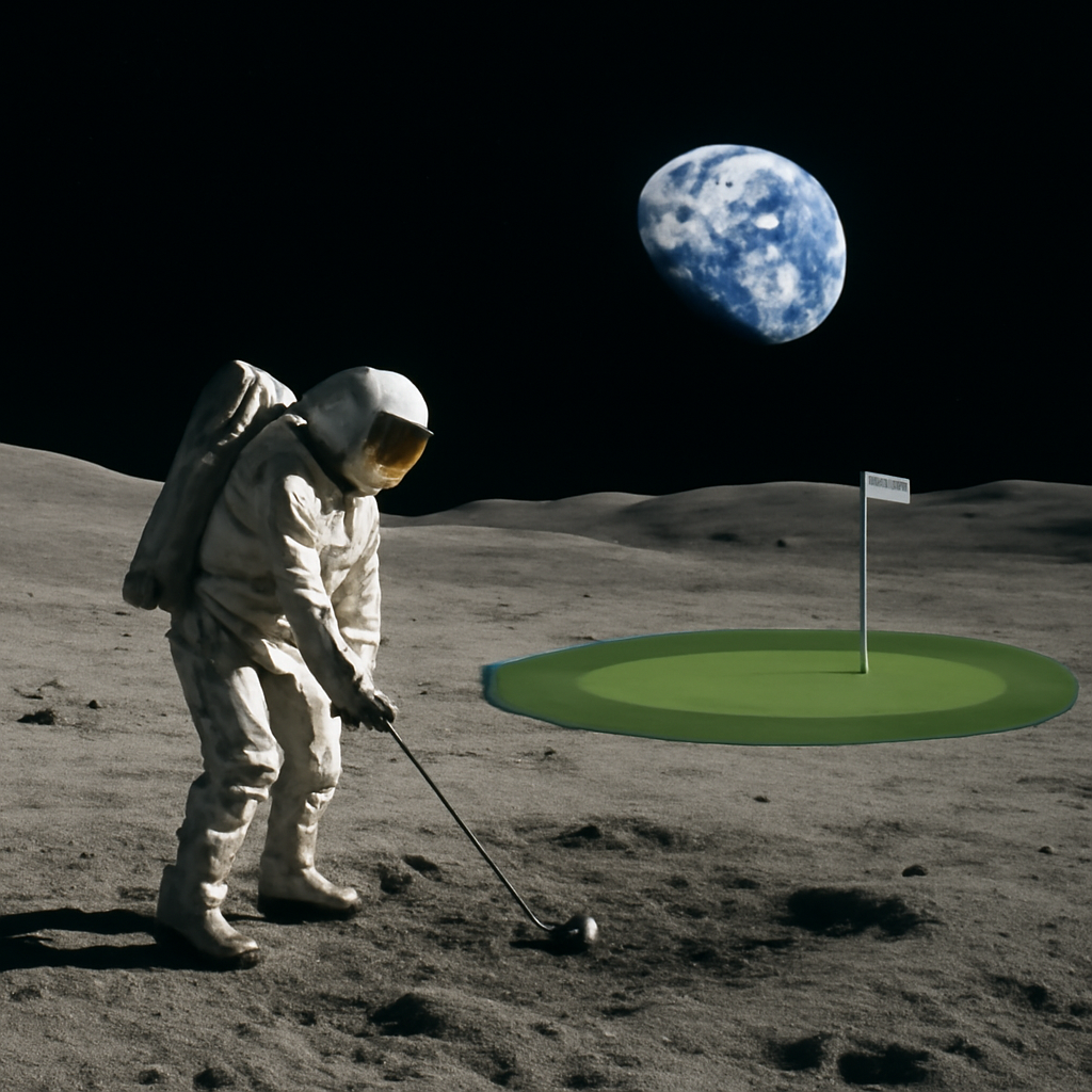 Playing golf on the moon hitting an iron shot from the fairway with the green i… (Meme) — Photoreal style