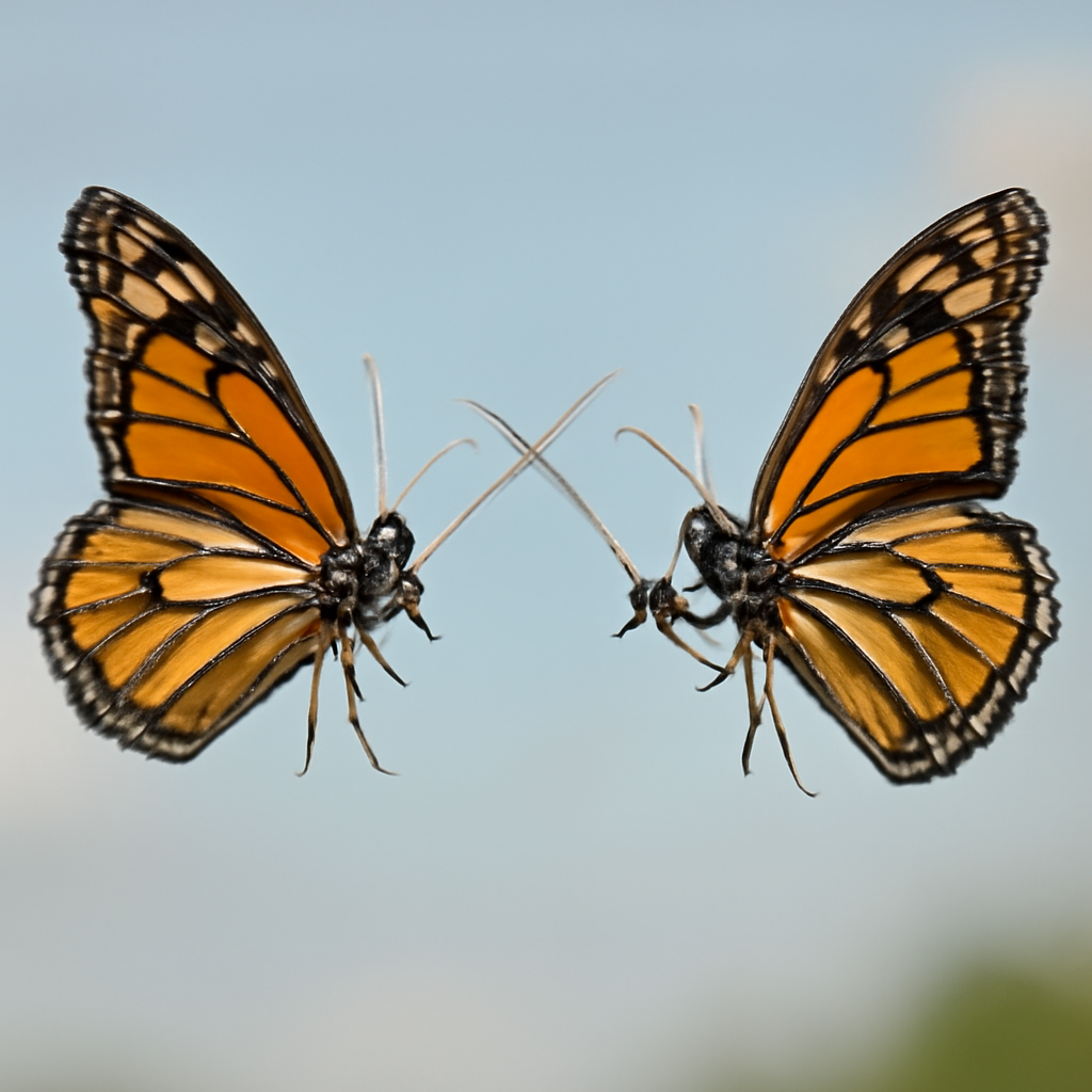 Two monarch butterflies with swords dueling in mid air (Meme) — Photoreal style