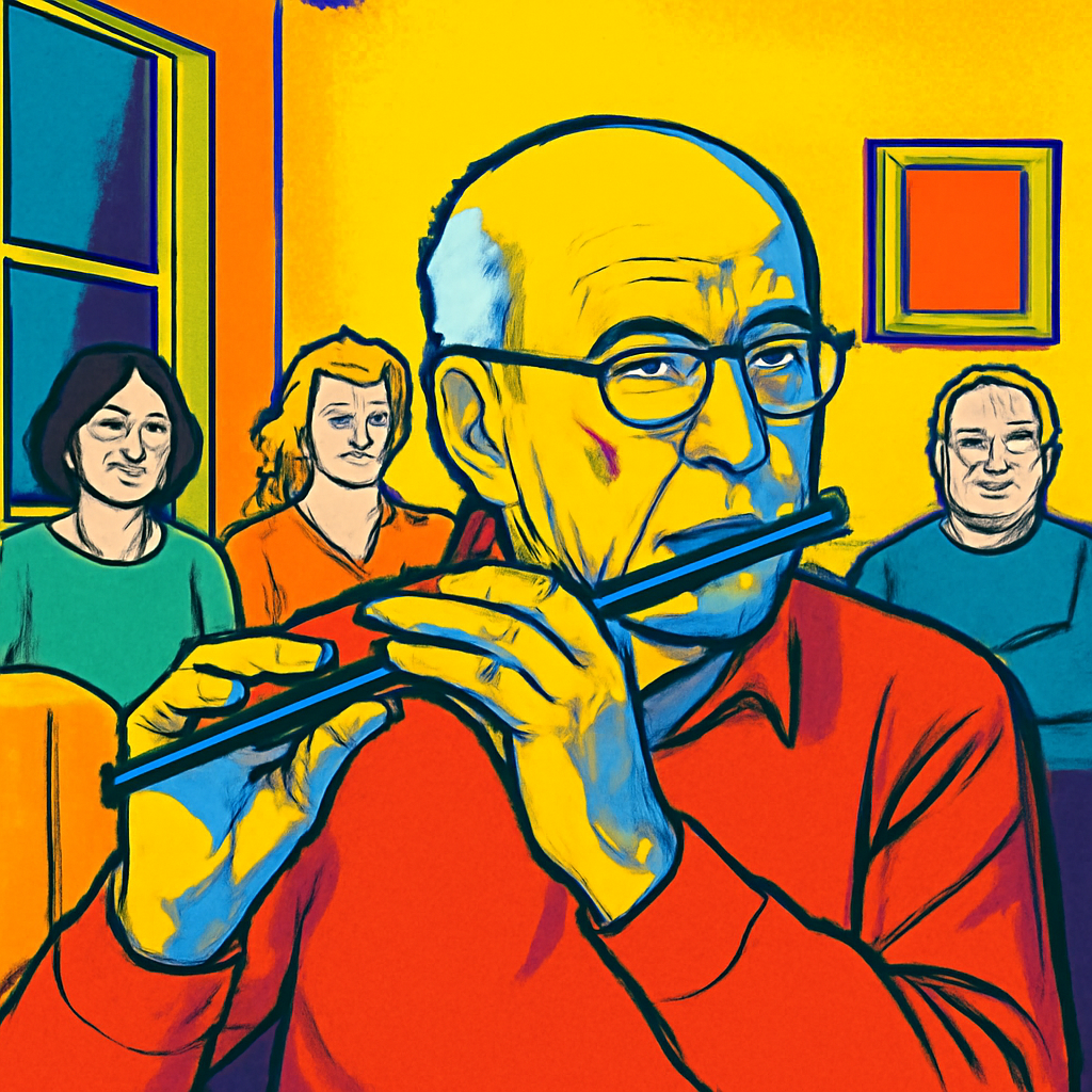 Old man playing the piccolo with other people listening in a house (Meme) — PopArt style