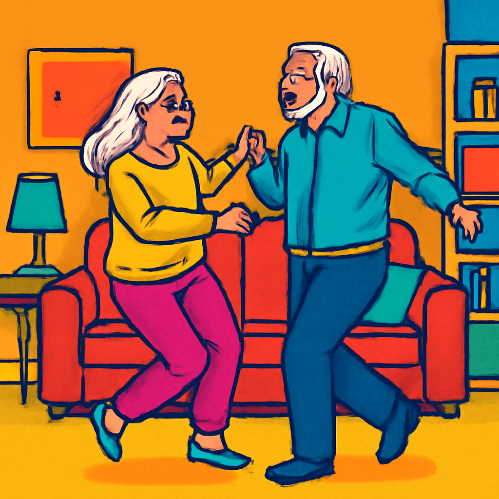 Older couple dancing around in the living room (Meme) — PopArt style