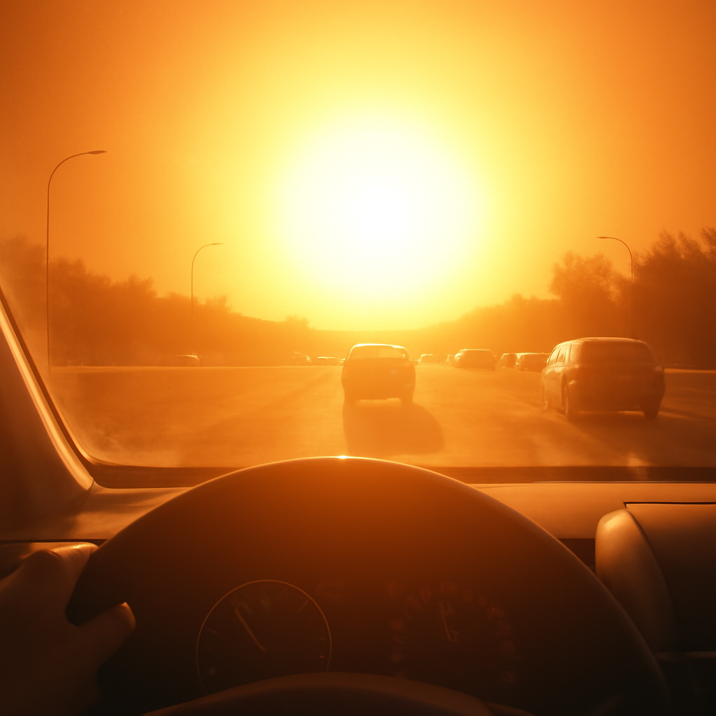 Morning drive into work the sun is so bright it’s like driving into the sun (Meme) — Photoreal style