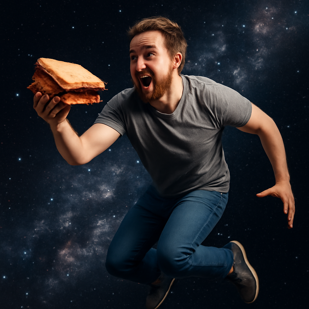 a man flying in space with a peanut butter and jelly sandwich (Meme) — Photoreal style