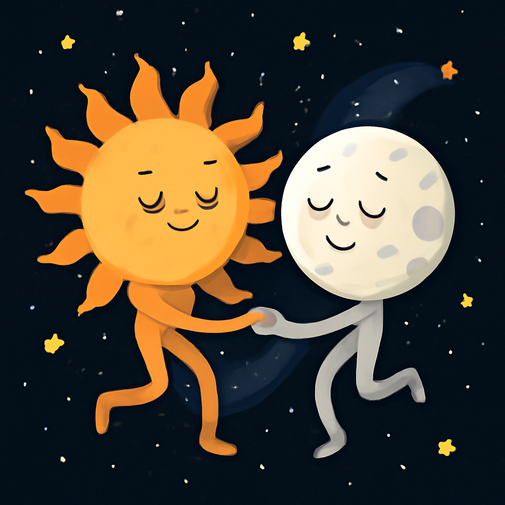 the sun and the moon dancing in harmony together in space (Meme) — Cartoon style
