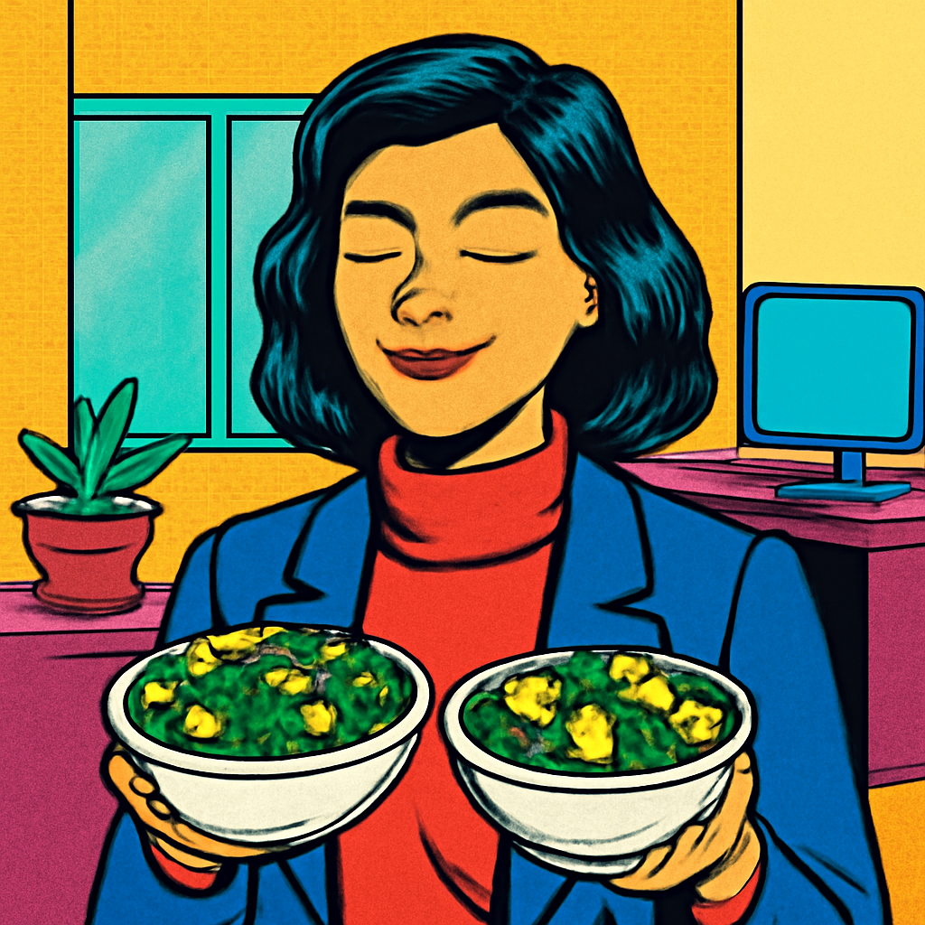 Either way, I have Aloo Palak and Palak Paneer to keep me warm at the office (Meme) — PopArt style