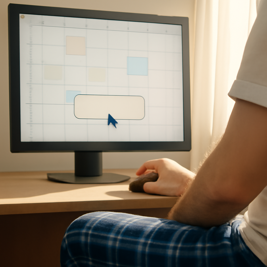 Office calendar on screen, a cursor hovering over ‘Join Meeting,’ person in paj… (Meme) — Photoreal style