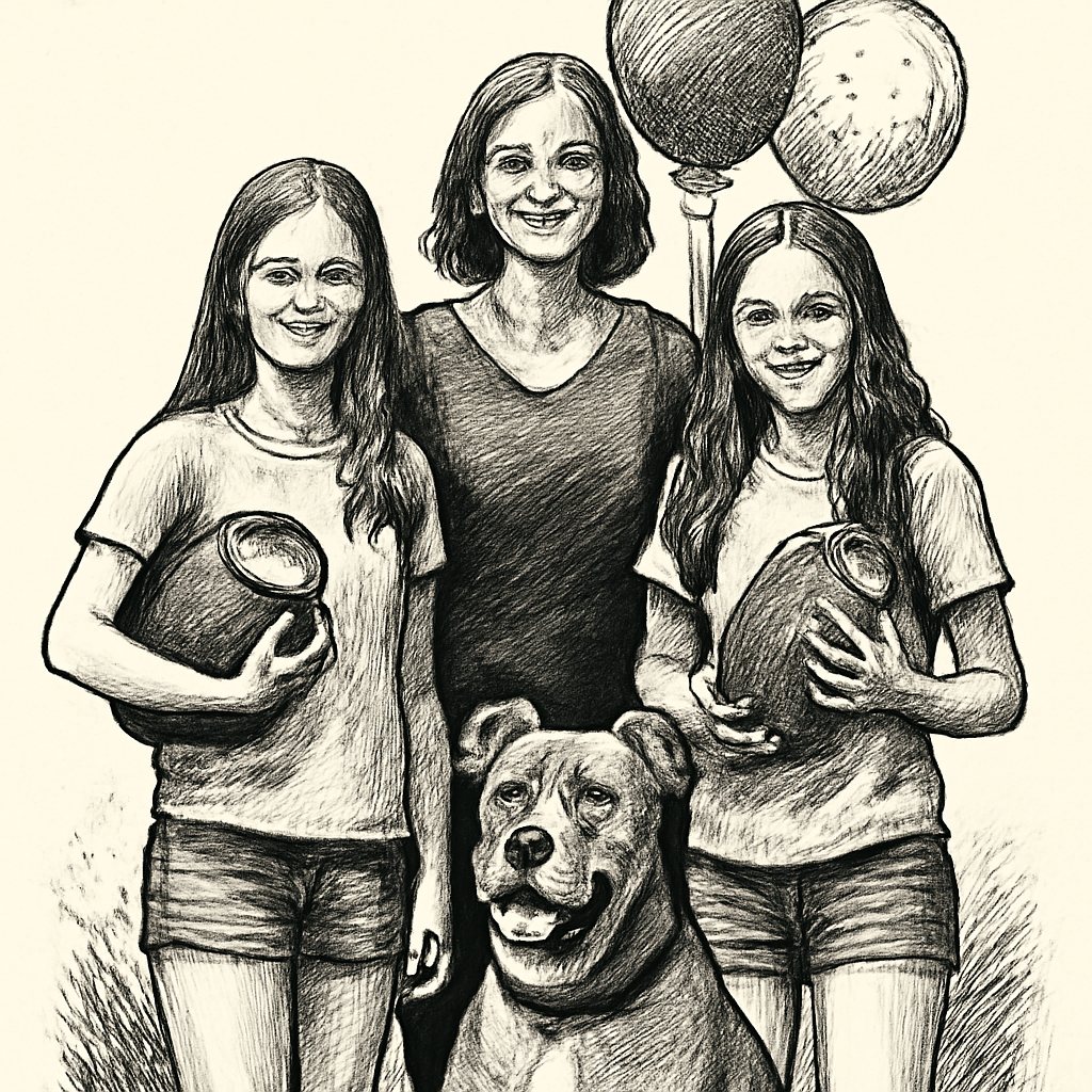 2 teenage girls and 1 mom with footballs and balloons and dog that is a pit bull (Meme) — Inkwork style