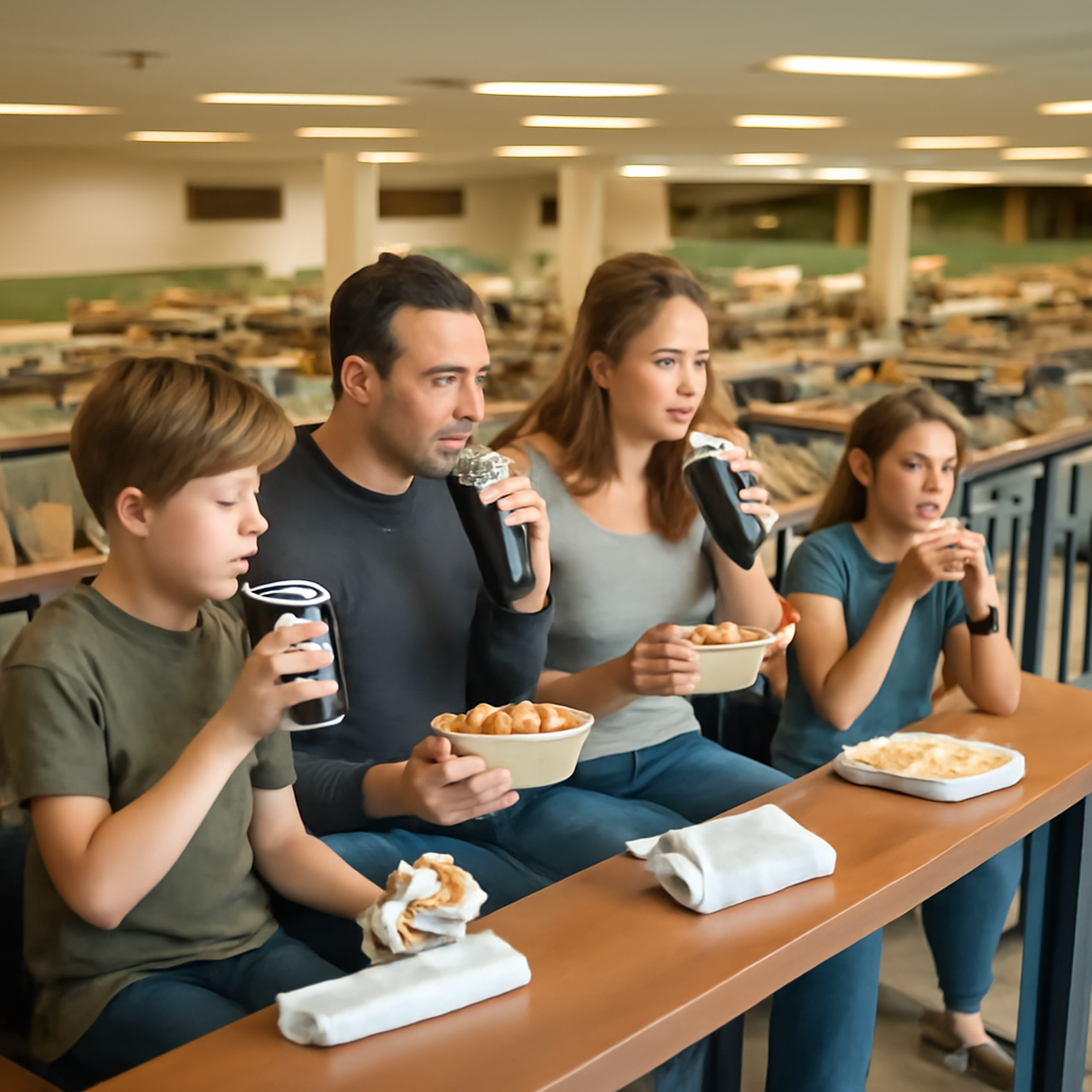 A family of four sitting in a Publix seating area top balcony looking down at t… (Meme) — Photoreal style