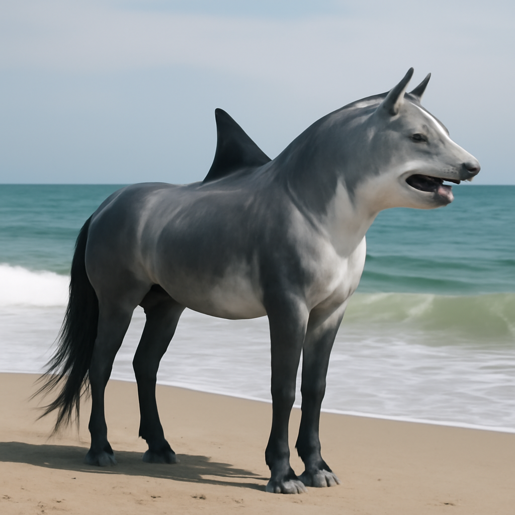 Make an animal that’s a mix of a great white shark and a cyladysale horse (Meme) — Photoreal style