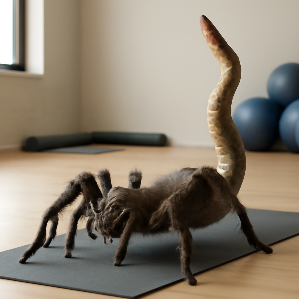 Half large giant spider half snake doin Pilates (Meme) — Photoreal style