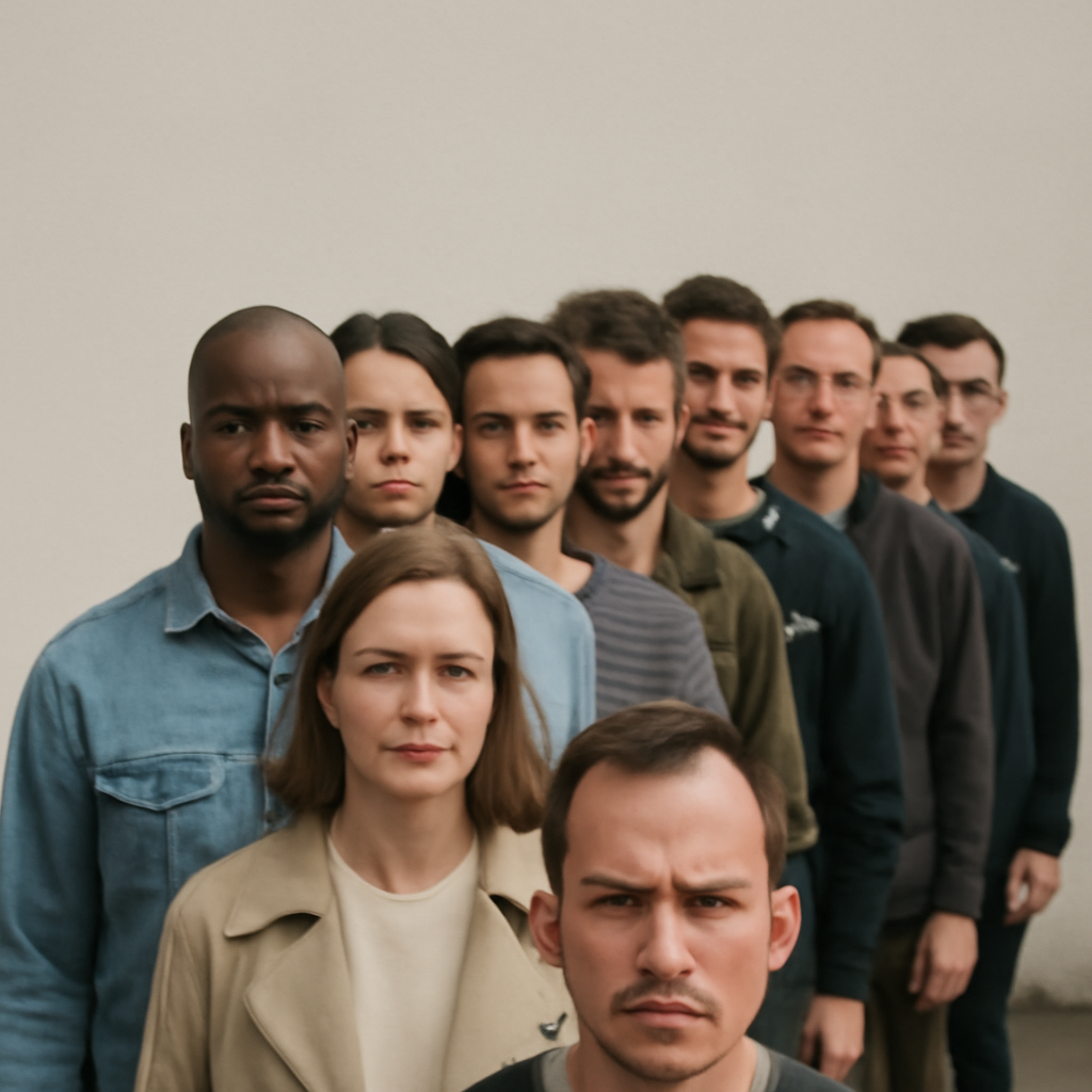 A bunch of people in one perfect line with serous faces (Meme) — Photoreal style