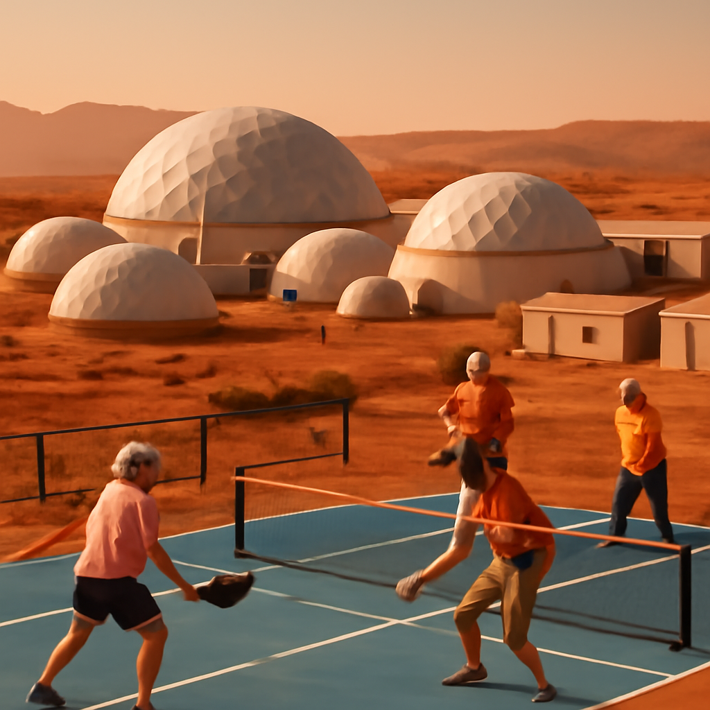 people living on mars, housing development with pickle ball courts and people p… (Meme) — Photoreal style