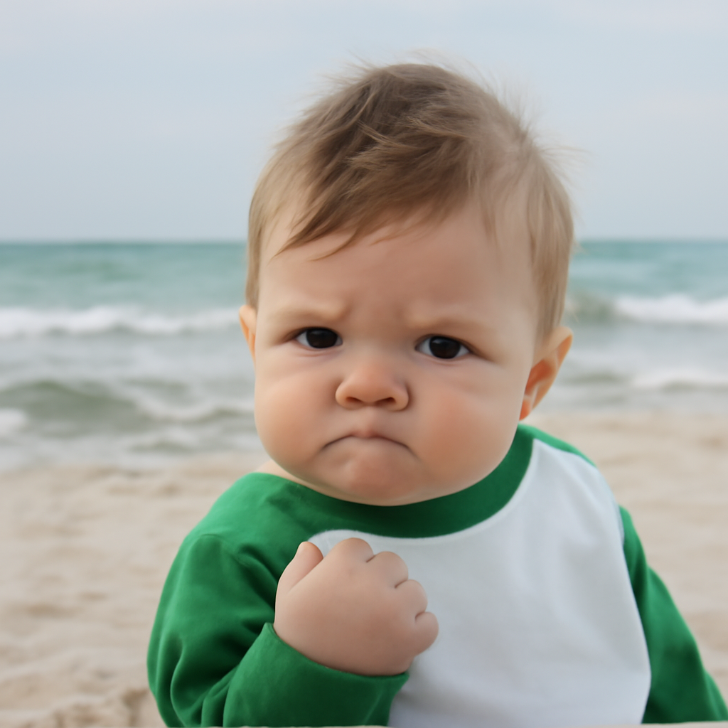replicate the meme template of a baby with a mad face and fist sitting on the b… (Meme) — Photoreal style