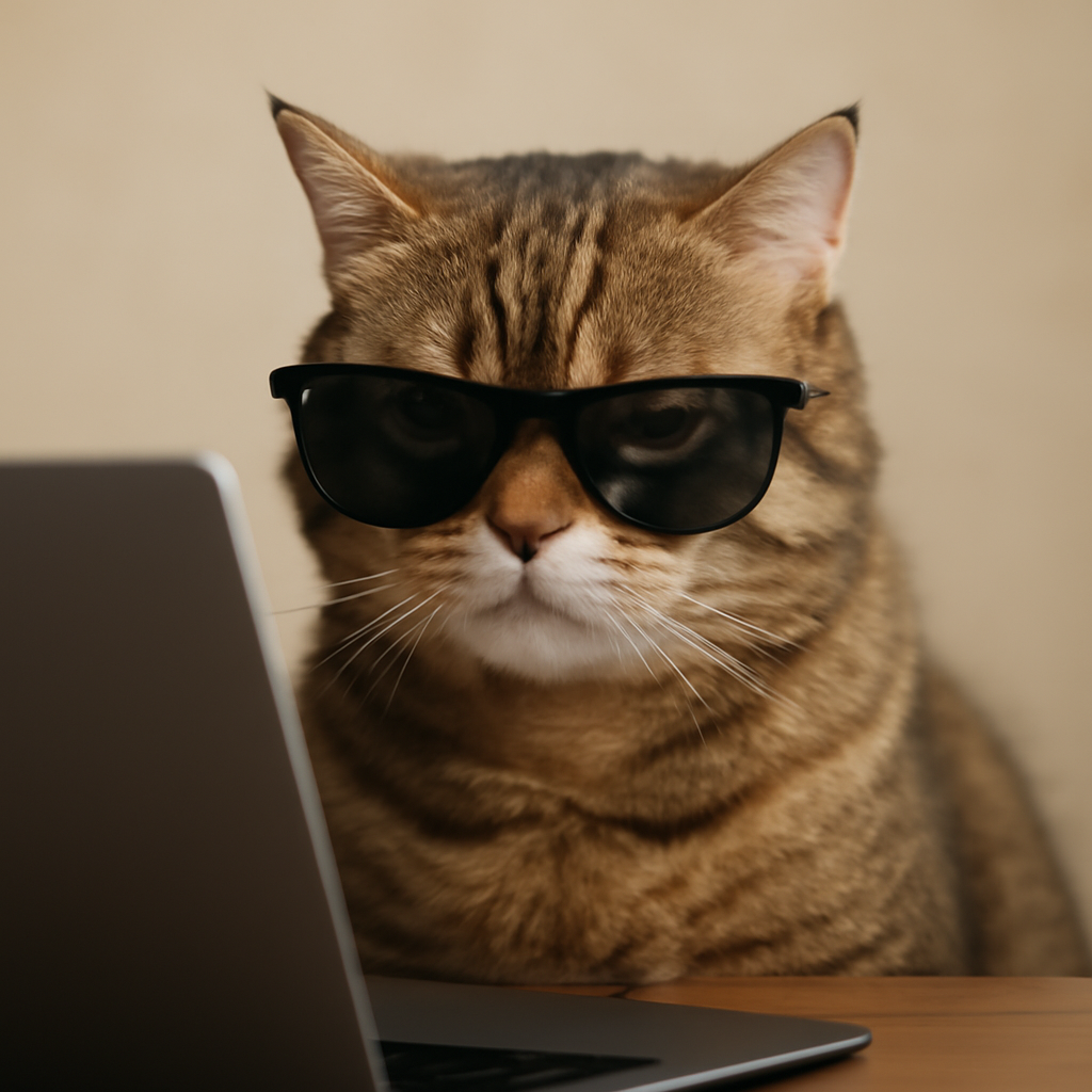 Cat with sunglasses on looking annoyed trying on the computer (Meme) — Photoreal style