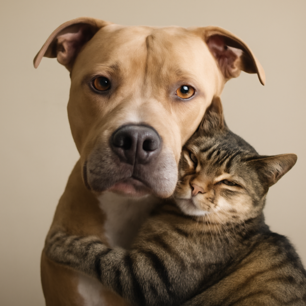 A real picture of a pitbull dog and a so the a cat wrapping (Meme) — Photoreal style