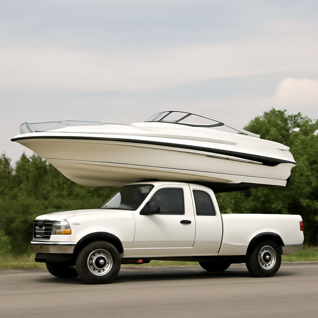 A white truck with a speed boat on top (Meme) — Photoreal style