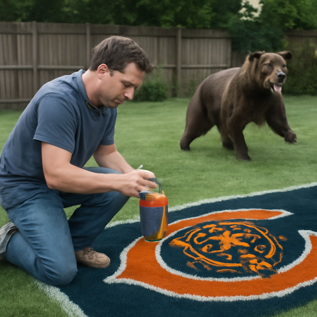 A man painting a bears logo end zone football in his back yard with a Bear scar… (Meme) — Photoreal style