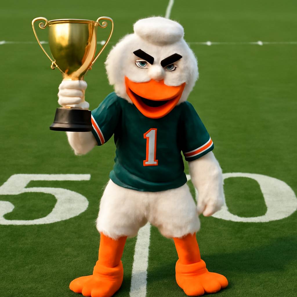 The Miami Hurricane ibis mascot look alike with a trophy in hand standing on 50… (Meme) — Photoreal style